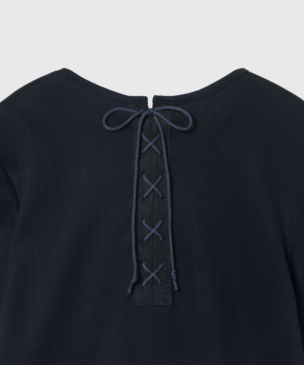 DÉPAREILLÉ RIB BACK LACE UP CREW NECK TOPS / リブバックレースアップクルーネックトップス ネイビー