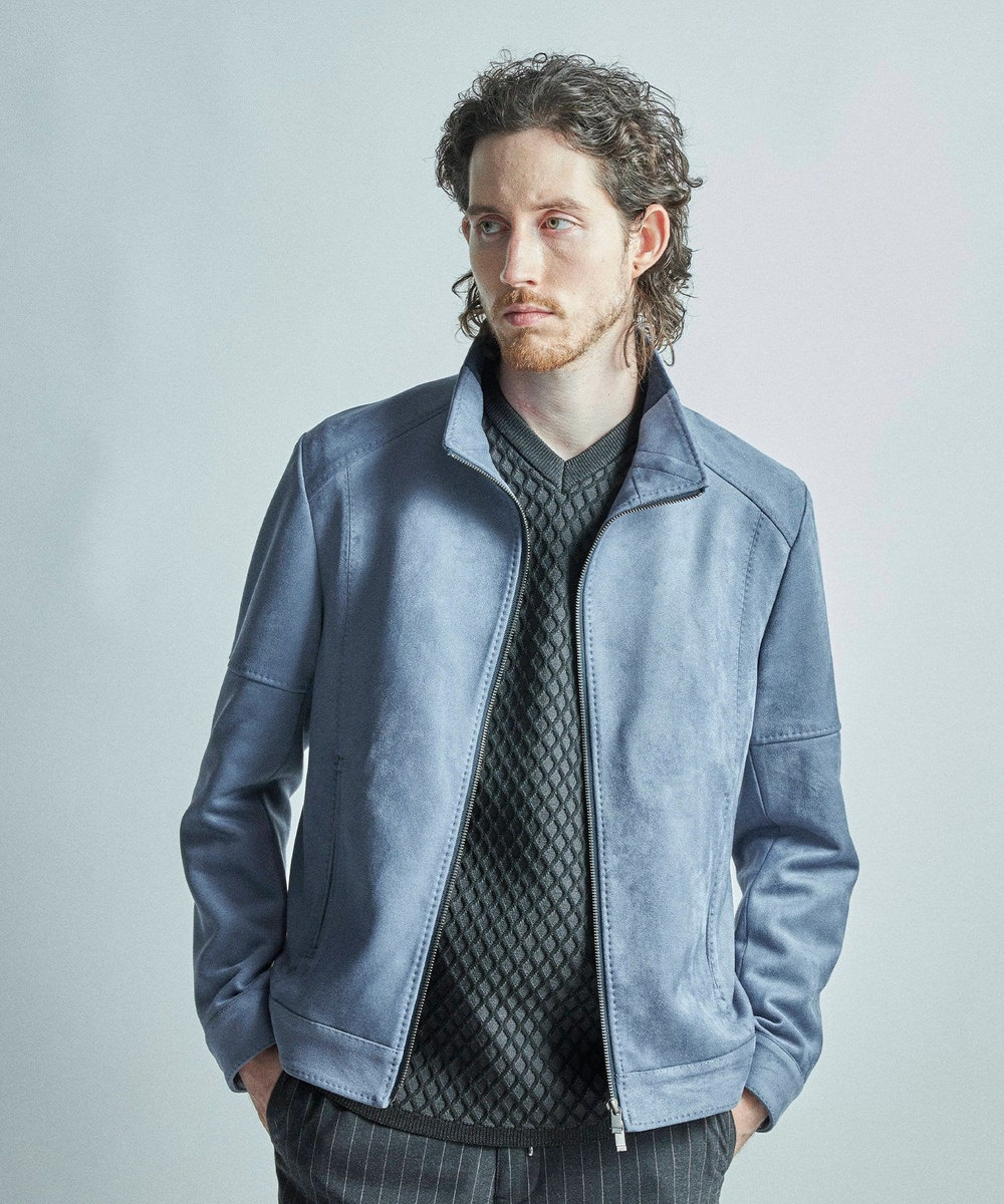 MEN'S BIGI フェイクスエードダンボール ライダースジャケット＜ストレッチ＞ ブルー