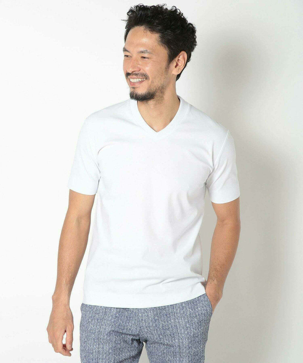 MEN'S BIGI 【ACTIVE TAILOR/アクティブテイラー】シルケットスムースVネックTシャツ＜接触冷感 / UVカット＞ ホワイト
