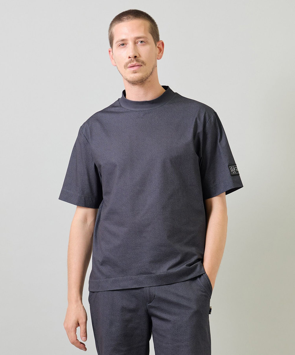 UNION STATION ドットメッシュプリントモックネックTシャツ＜ストレッチ・軽量・ハンドウォッシャブル・通気性＞ ブラック