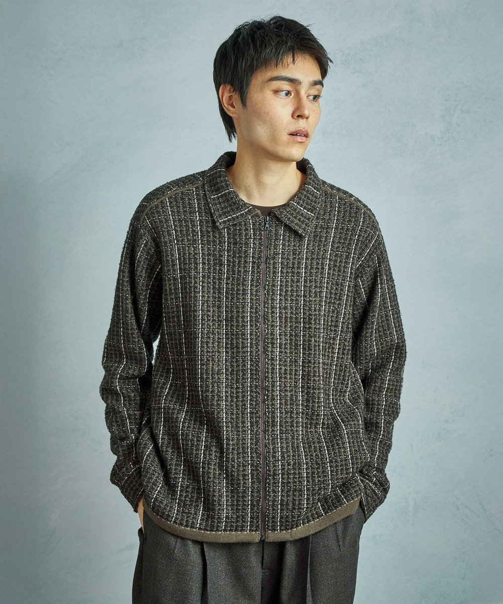 MEN'S BIGI ツイードチェック ニットブルゾン ブラウン