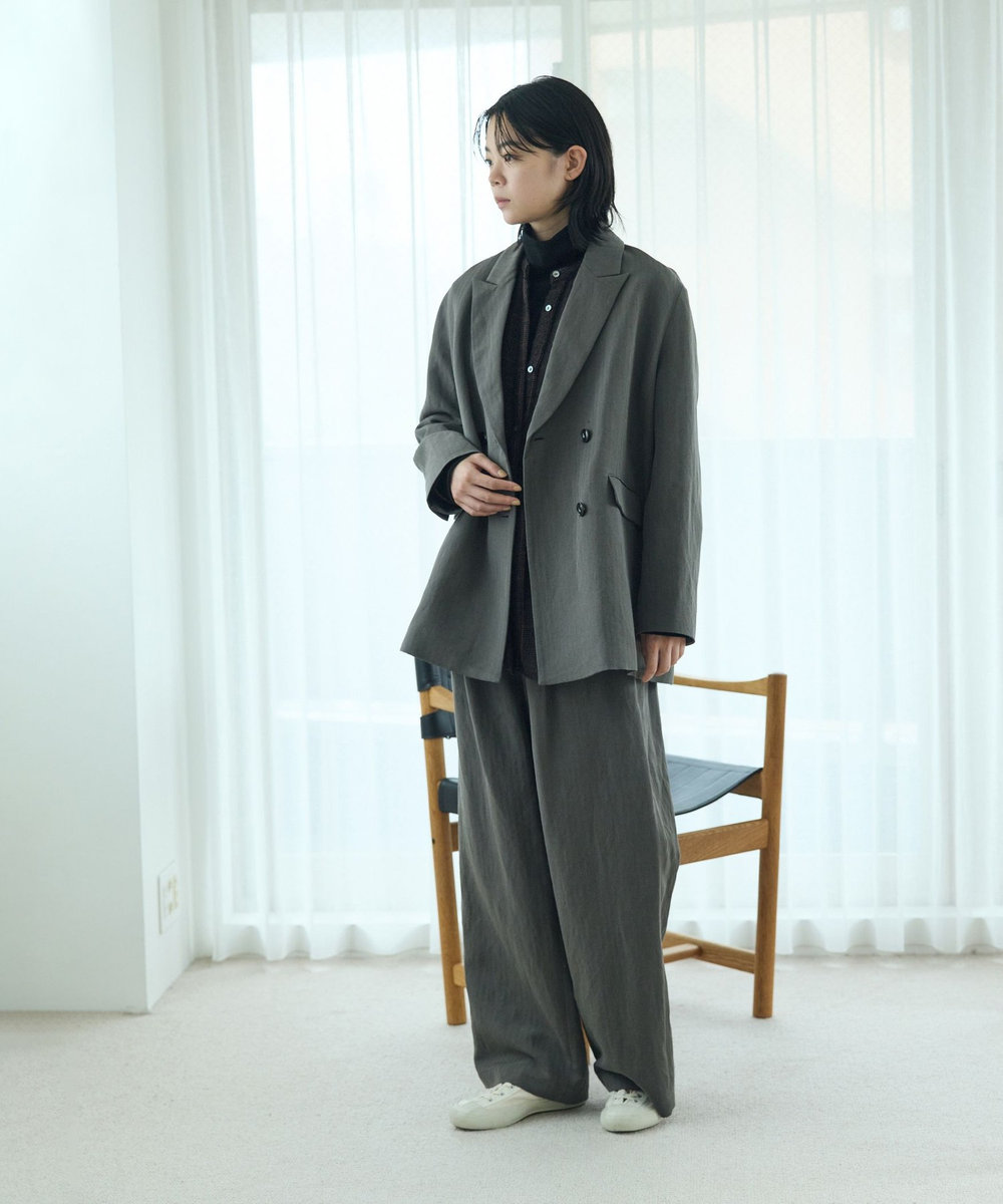 LOISIR ウールリネンヘリンボーンセミワイドパンツ キャメル
