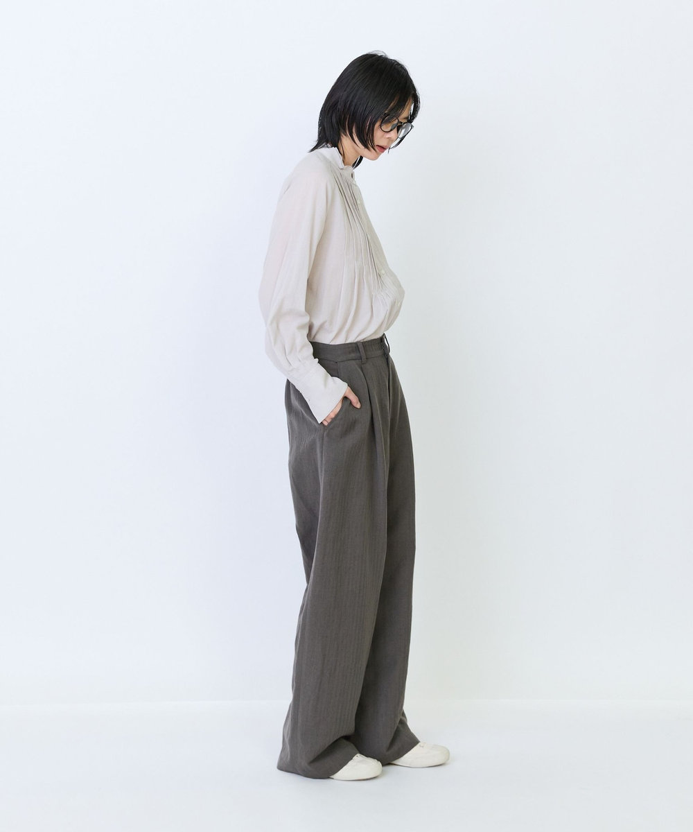 LOISIR ウールリネンヘリンボーンセミワイドパンツ キャメル