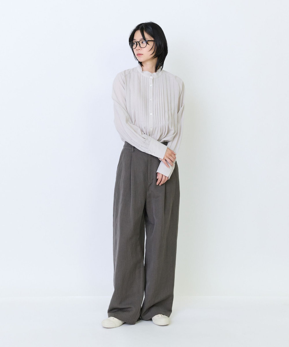 LOISIR ウールリネンヘリンボーンセミワイドパンツ キャメル