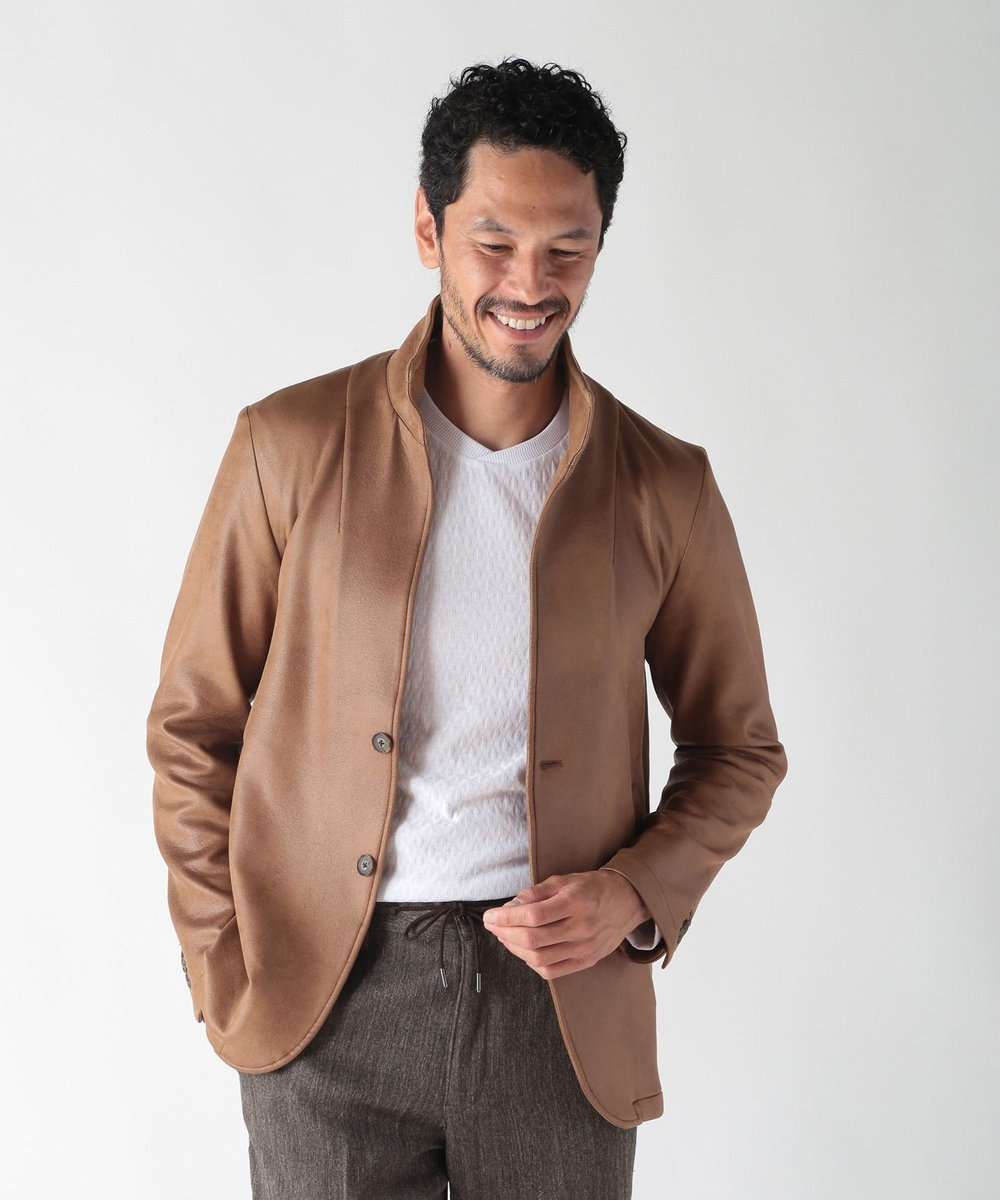 MEN'S BIGI レザー調プリントダンボールスタンドカラージャケット ブラウン