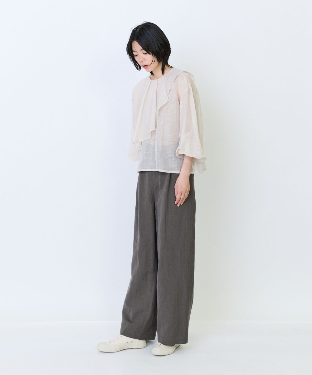 LOISIR ウールリネンヘリンボーンセミワイドパンツ キャメル