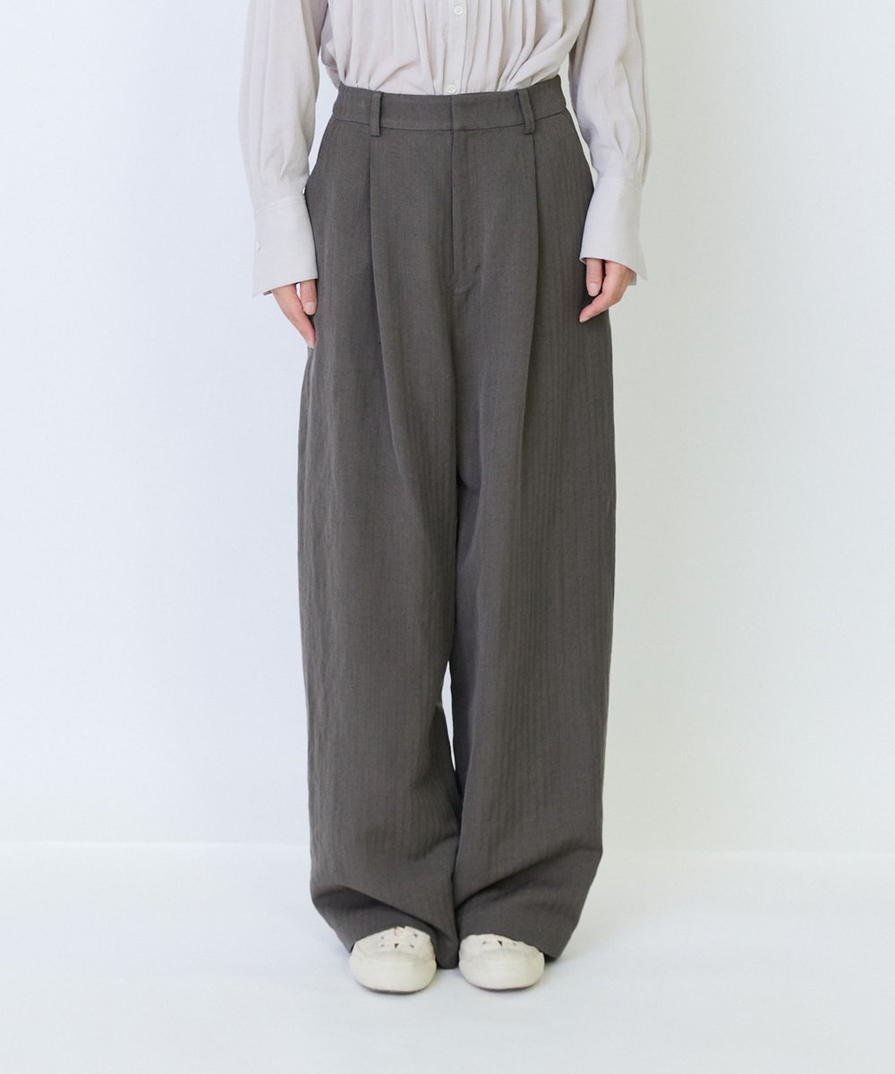 LOISIR ウールリネンヘリンボーンセミワイドパンツ キャメル