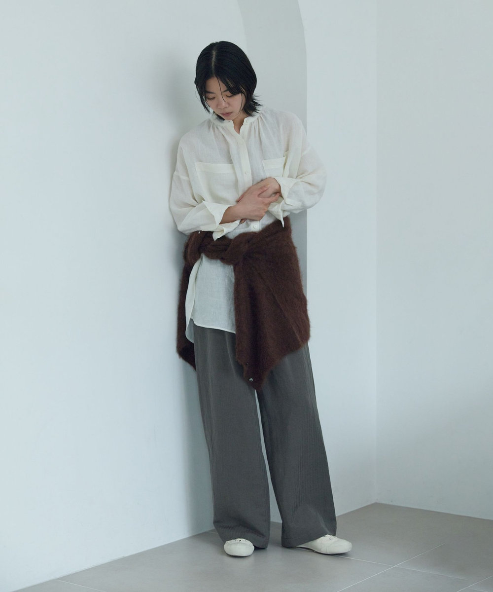 LOISIR ウールリネンヘリンボーンセミワイドパンツ キャメル