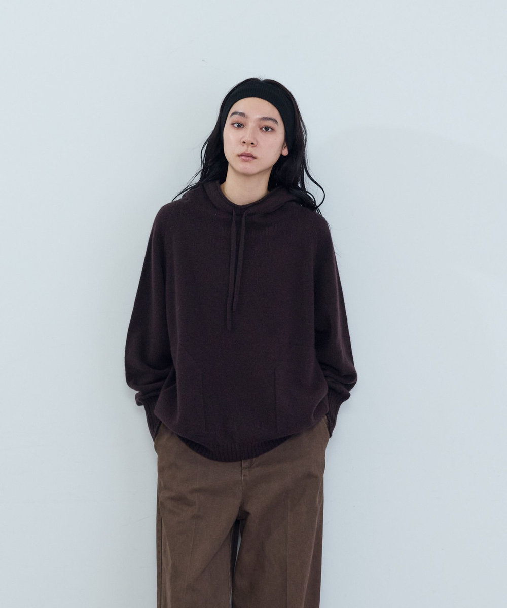 ADIEU TRISTESSE ウールカシミヤドルマンスリーブニットフーディ ブラウン