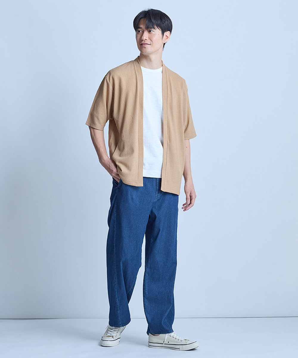 UNION STATION 【WEB限定】シア―5分袖ボタンレスカーディガン＜ストレッチ・ハンドウォッシャブル・接触冷感・通気性＞ ベージュ