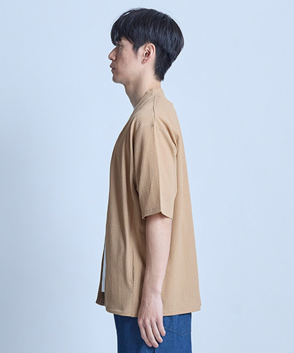 UNION STATION 【WEB限定】シア―5分袖ボタンレスカーディガン＜ストレッチ・ハンドウォッシャブル・接触冷感・通気性＞ ベージュ