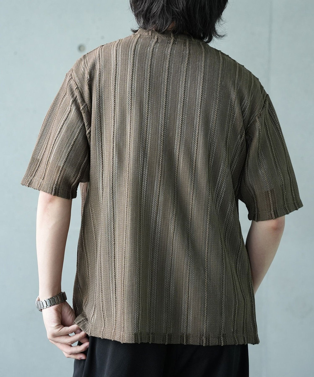 UNION STATION 	【WEB限定】シアストライプ半袖カーディガン＜ストレッチ・マシンウォッシャブル・通気性＞ カーキ
