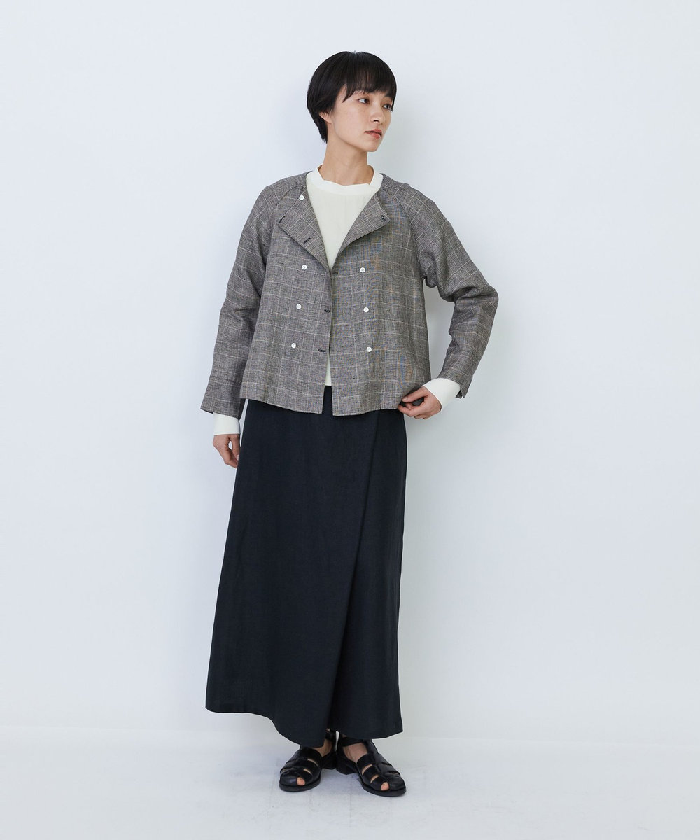 LOISIR リネンチェックスクエアネックジャケット チェック