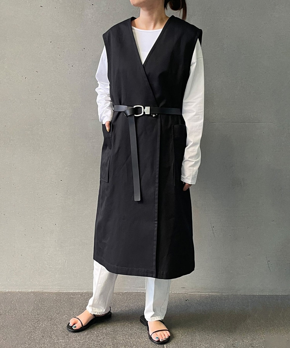 1er Arrondissement コットンヘンプツイルロングジレ ブラック