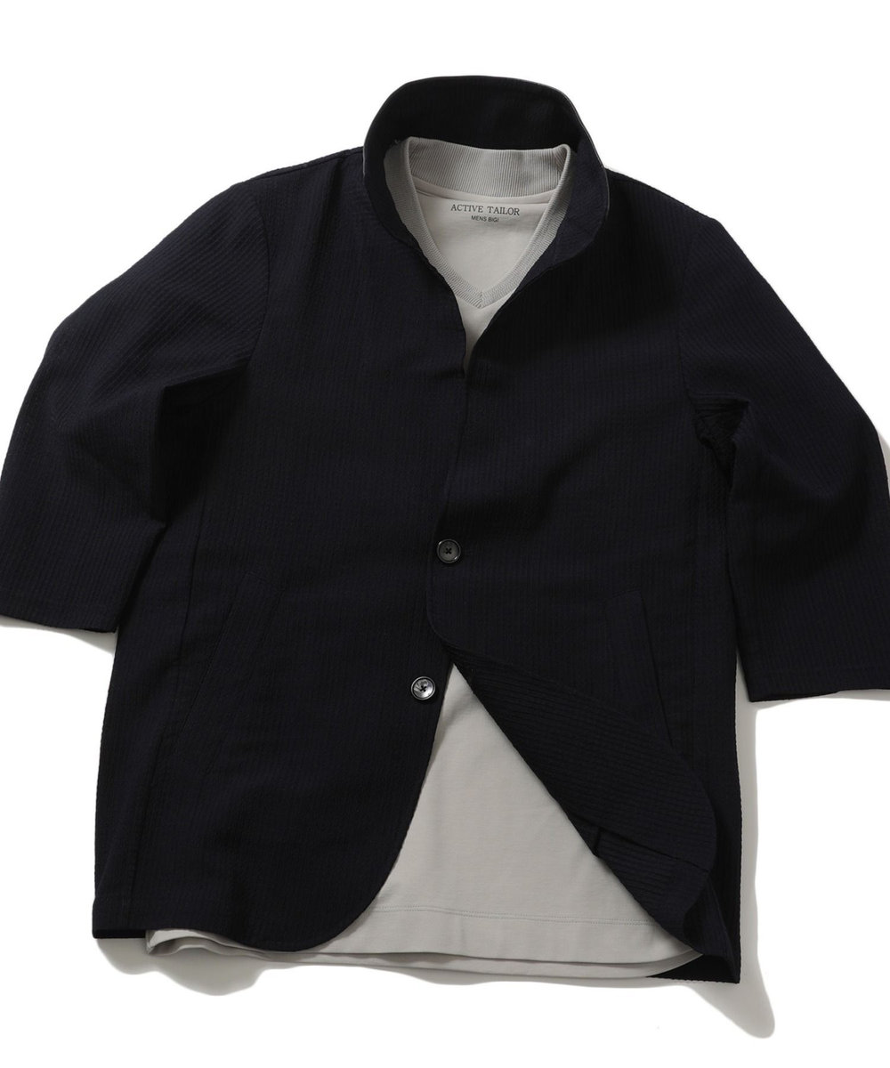 MEN'S BIGI 格子柄サッカースタンドカラーカーディガン ネイビー