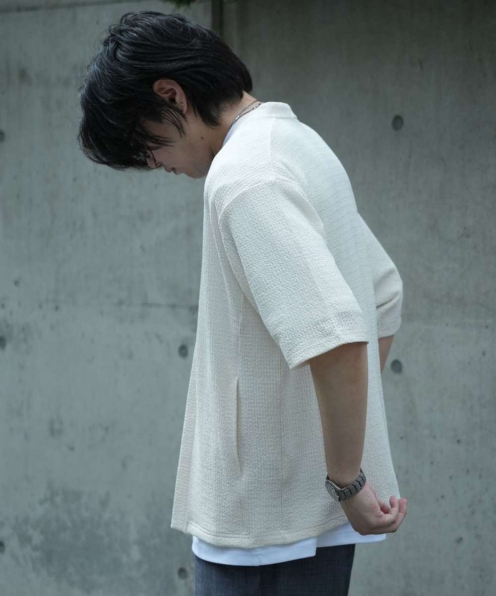 UNION STATION *WEB限定 シアー ジャガード 5分袖 ボタンレスカーディガン オフホワイト