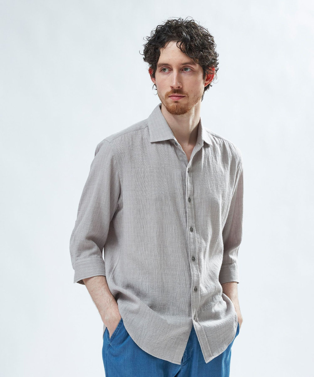 MEN'S BIGI メランジ 七分袖シャツ ライトグレー