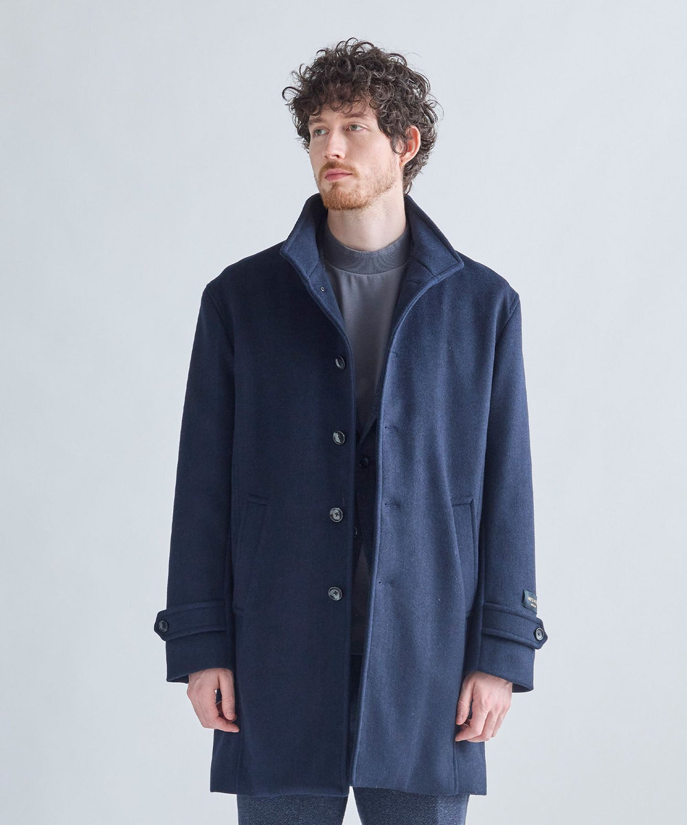 MEN'S BIGI スーパー140ウールビーバーヘリンボーンスタンドカラーコート ネイビー