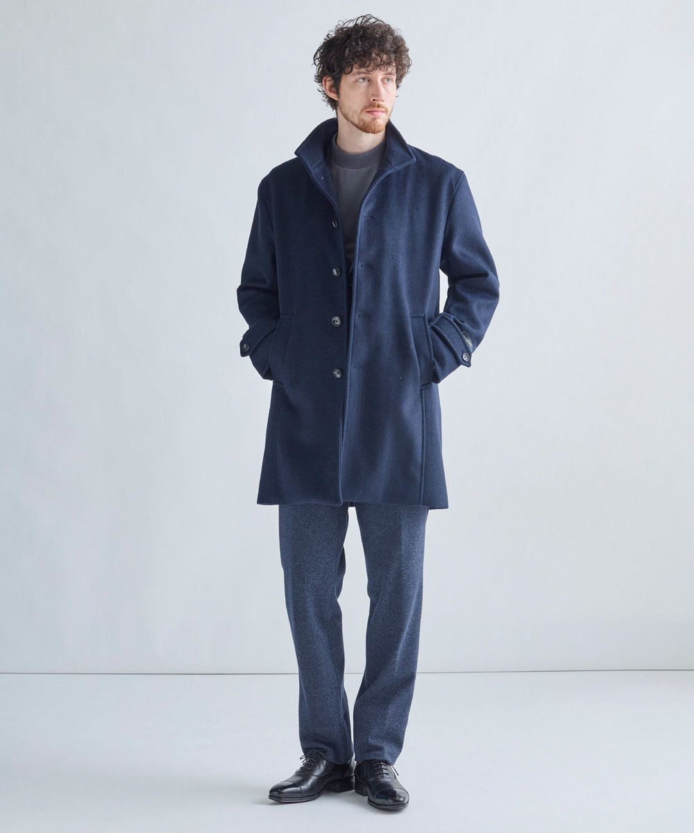 MEN'S BIGI スーパー140ウールビーバーヘリンボーンスタンドカラーコート ネイビー