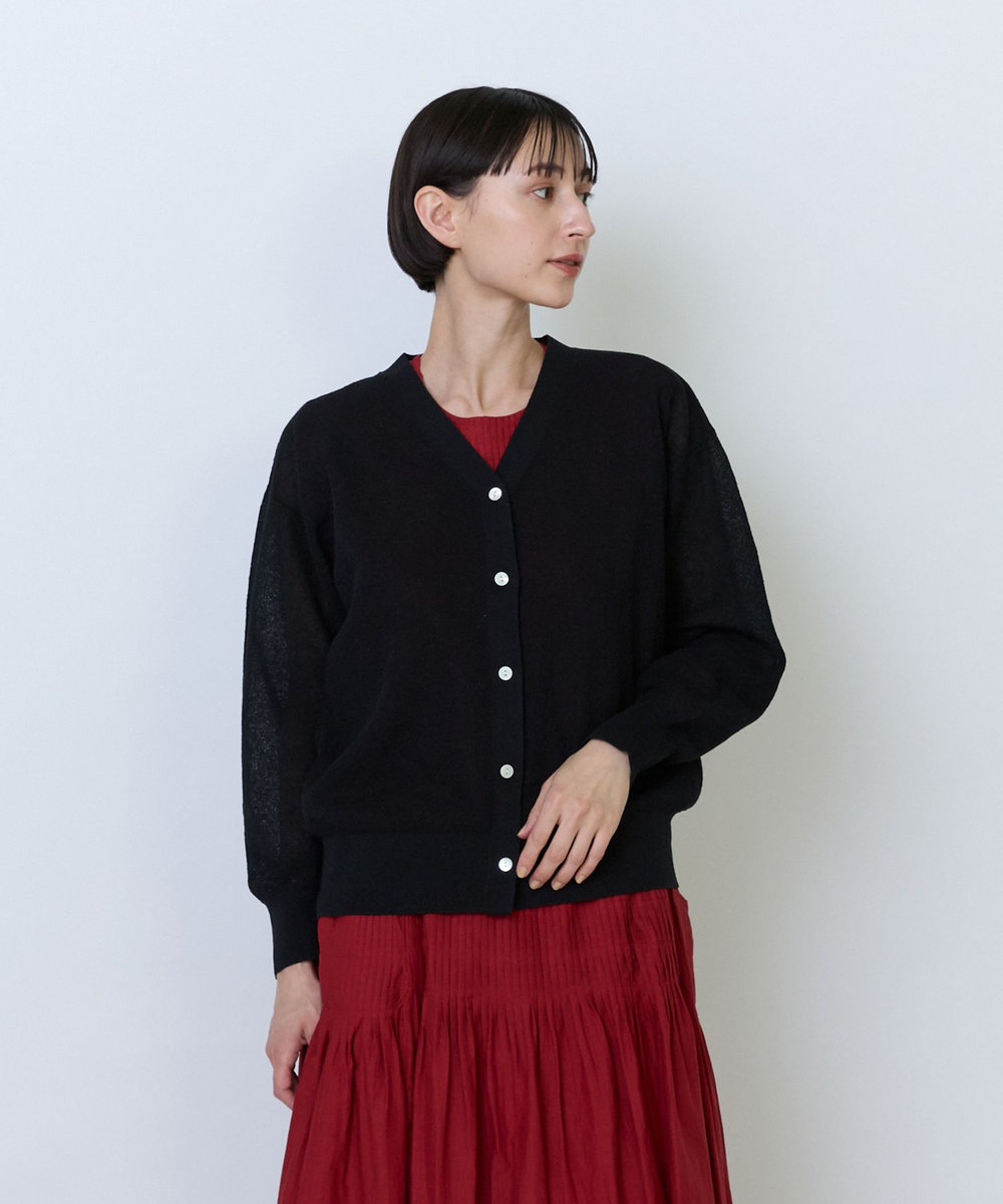 LOISIR 綿麻エステルダブルジャカード編みカーディガン ブラック