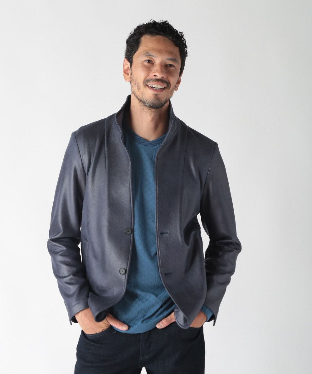 MEN'S BIGI レザー調プリントダンボールスタンドカラージャケット ネイビー