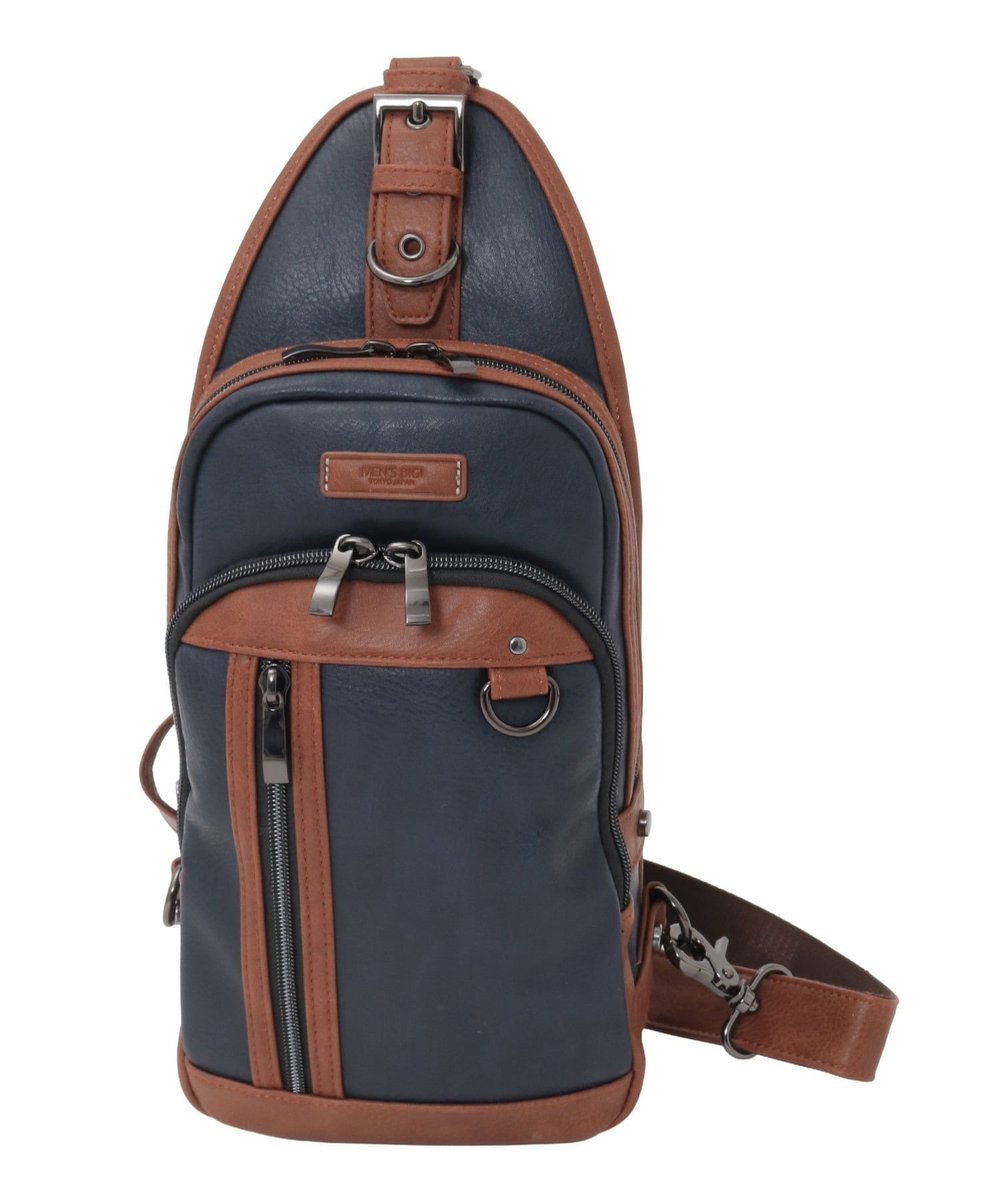 MEN'S BIGI フェイクレザー ボディバッグ ネイビー