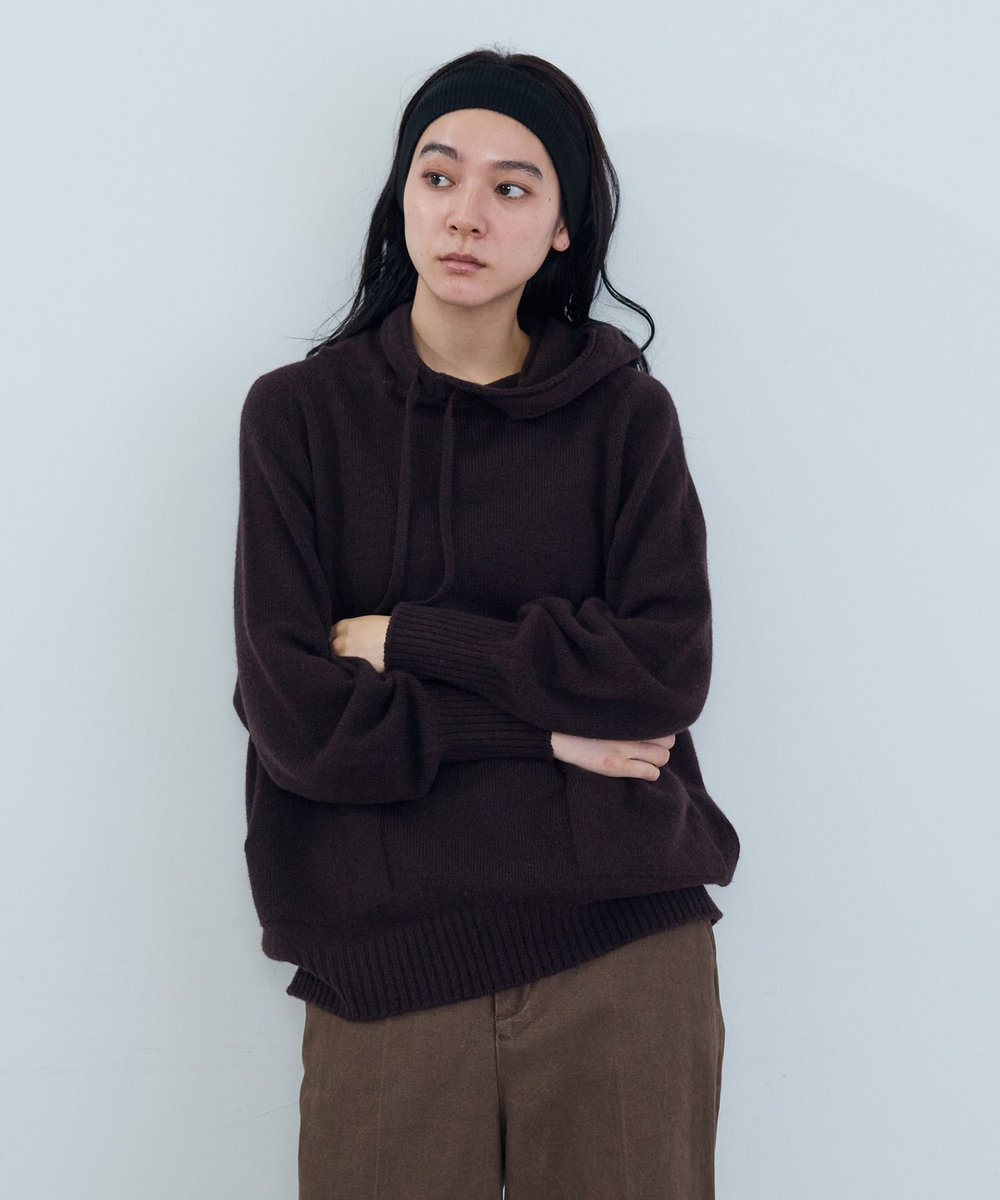 ADIEU TRISTESSE ウールカシミヤドルマンスリーブニットフーディ ブラウン