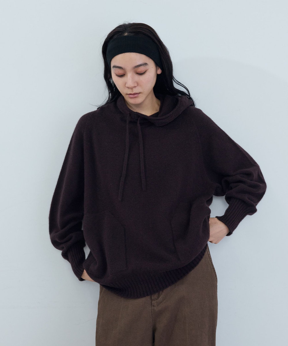 ADIEU TRISTESSE ウールカシミヤドルマンスリーブニットフーディ ブラウン