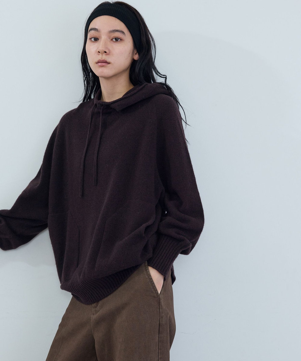 ADIEU TRISTESSE ウールカシミヤドルマンスリーブニットフーディ ブラウン