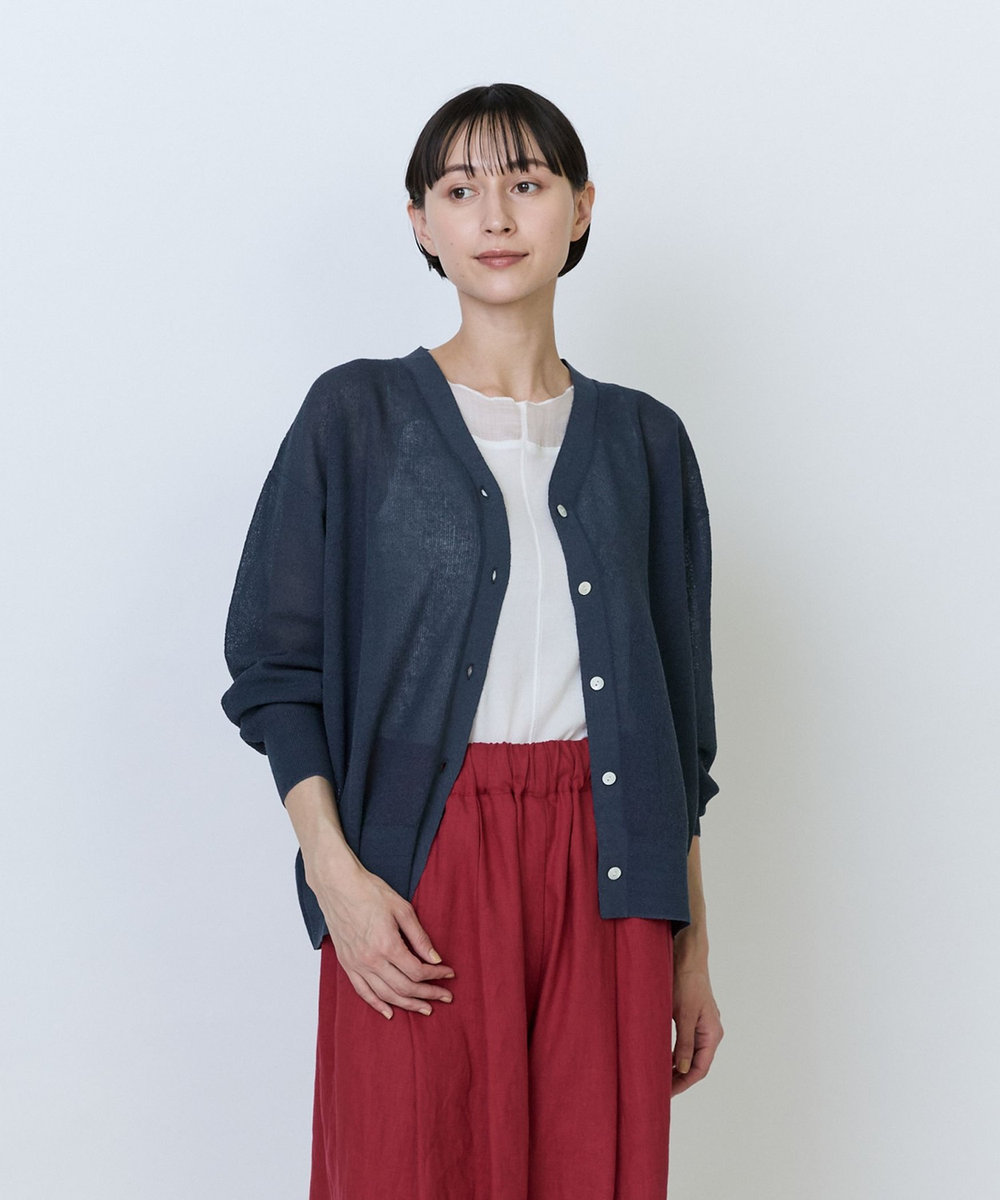 LOISIR 綿麻エステルダブルジャカード編みカーディガン ネイビー