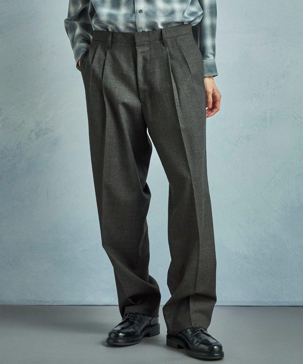 MEN'S BIGI メランジウール 2タックテーパードワイドパンツ ブラウン