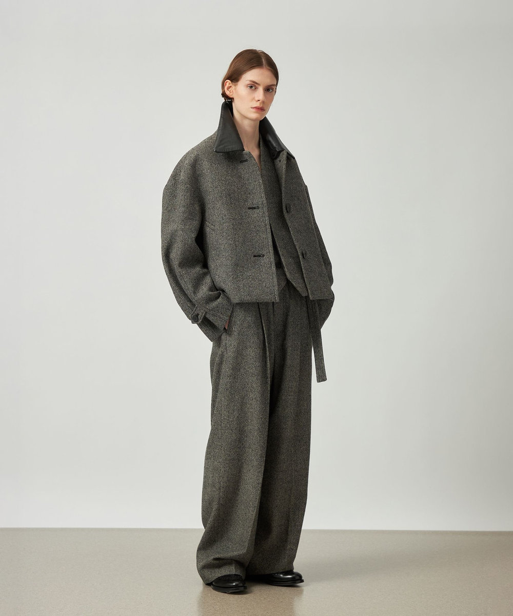 DÉPAREILLÉ WOOL SLUB LEATHER COLLAR BLOUSON / ウールスラブレザーカラーブルゾン グレー