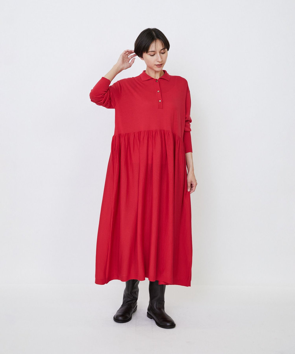 LOISIR ウール梳毛天竺ポロワンピース レッド