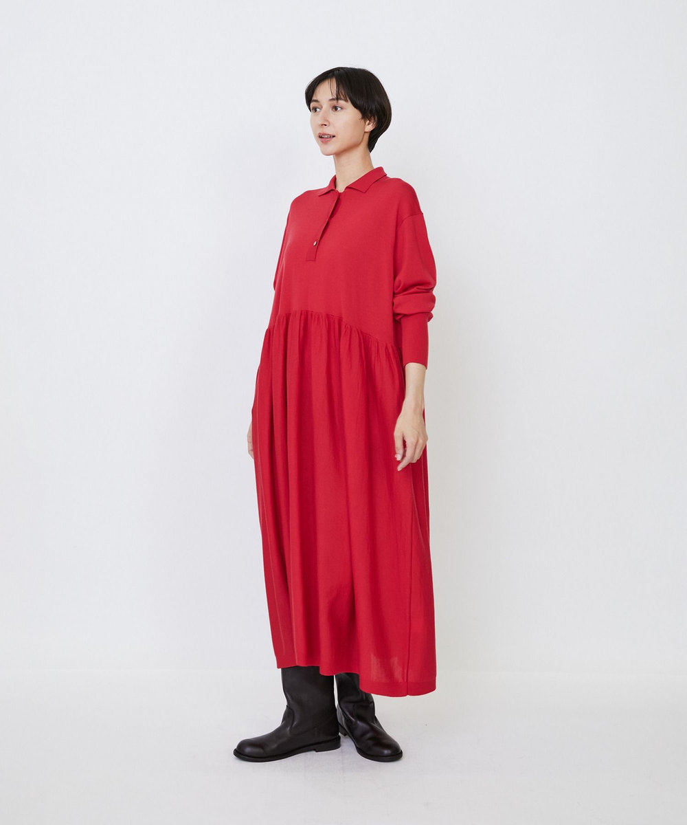 LOISIR ウール梳毛天竺ポロワンピース レッド