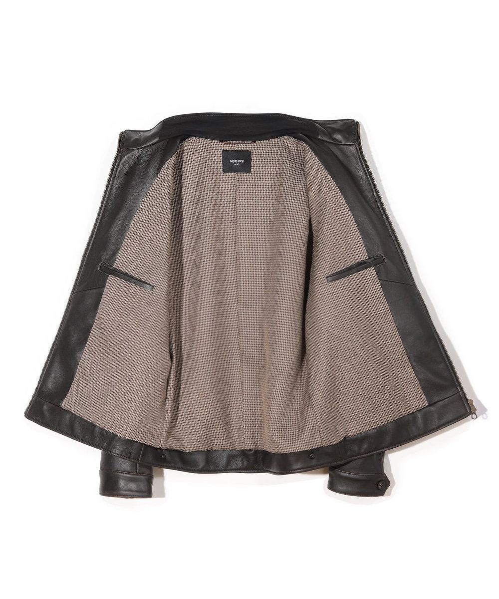 MEN'S BIGI スタンドカラーシングルライダース シープレザージャケット＜エイジング加工＞ ブラック