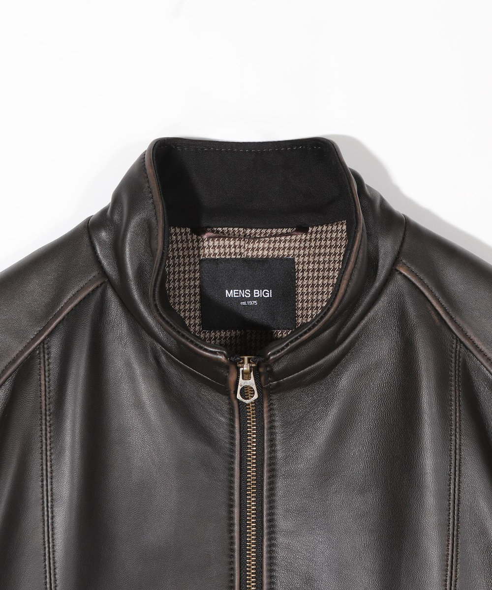 MEN'S BIGI スタンドカラーシングルライダース シープレザージャケット＜エイジング加工＞ ブラック