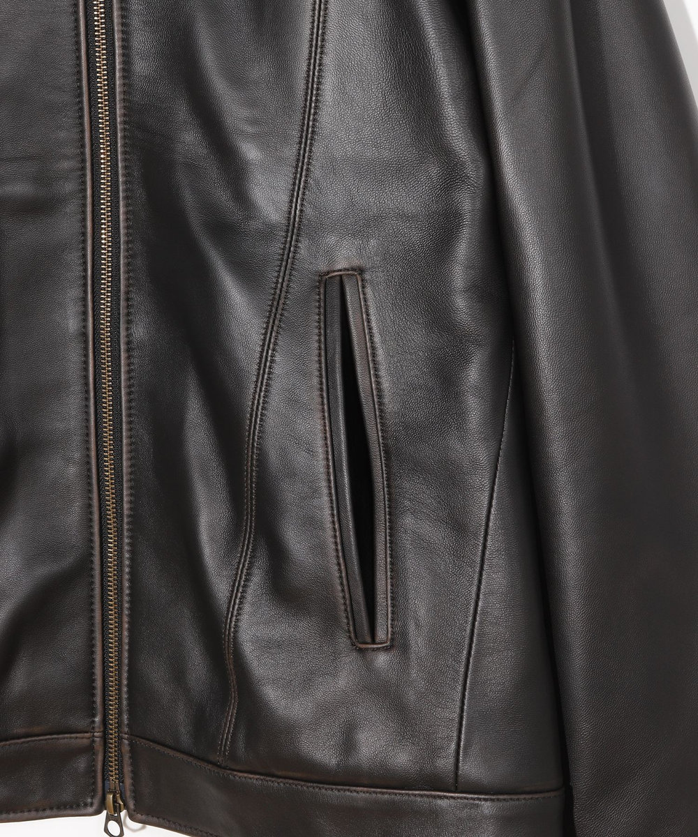 MEN'S BIGI スタンドカラーシングルライダース シープレザージャケット＜エイジング加工＞ ブラック