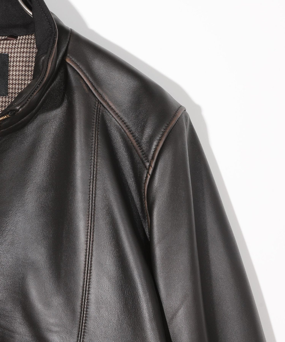 MEN'S BIGI スタンドカラーシングルライダース シープレザージャケット＜エイジング加工＞ ブラック