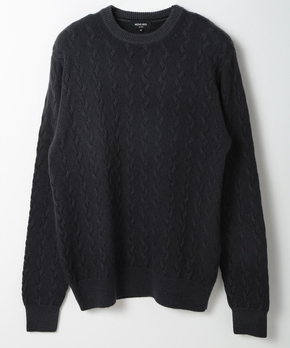 MEN'S BIGI 5G スノー加工ケーブルクルーニット ブラック
