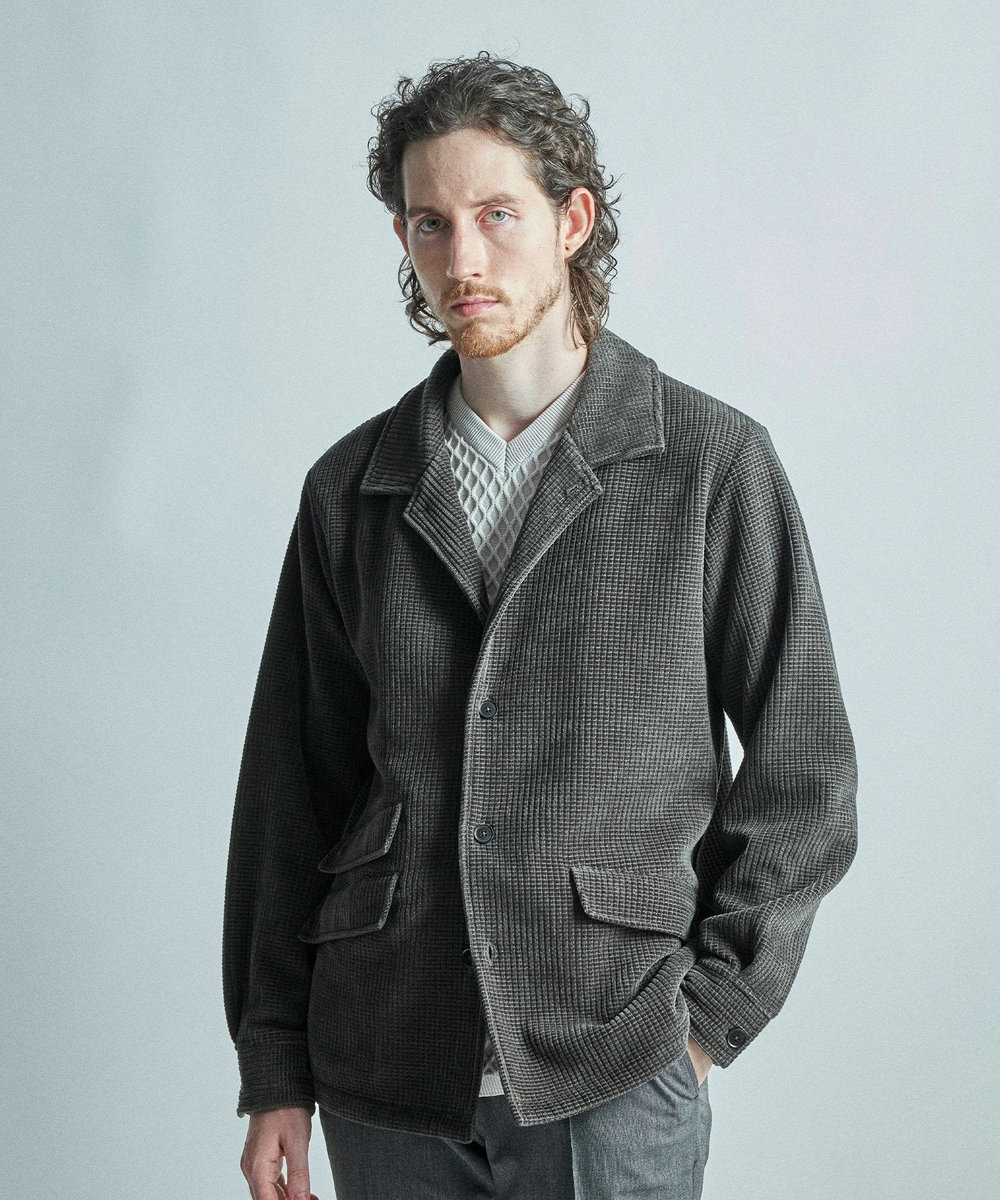 MEN'S BIGI ベロア調コールワッフル カバーオールジャケット ブラック