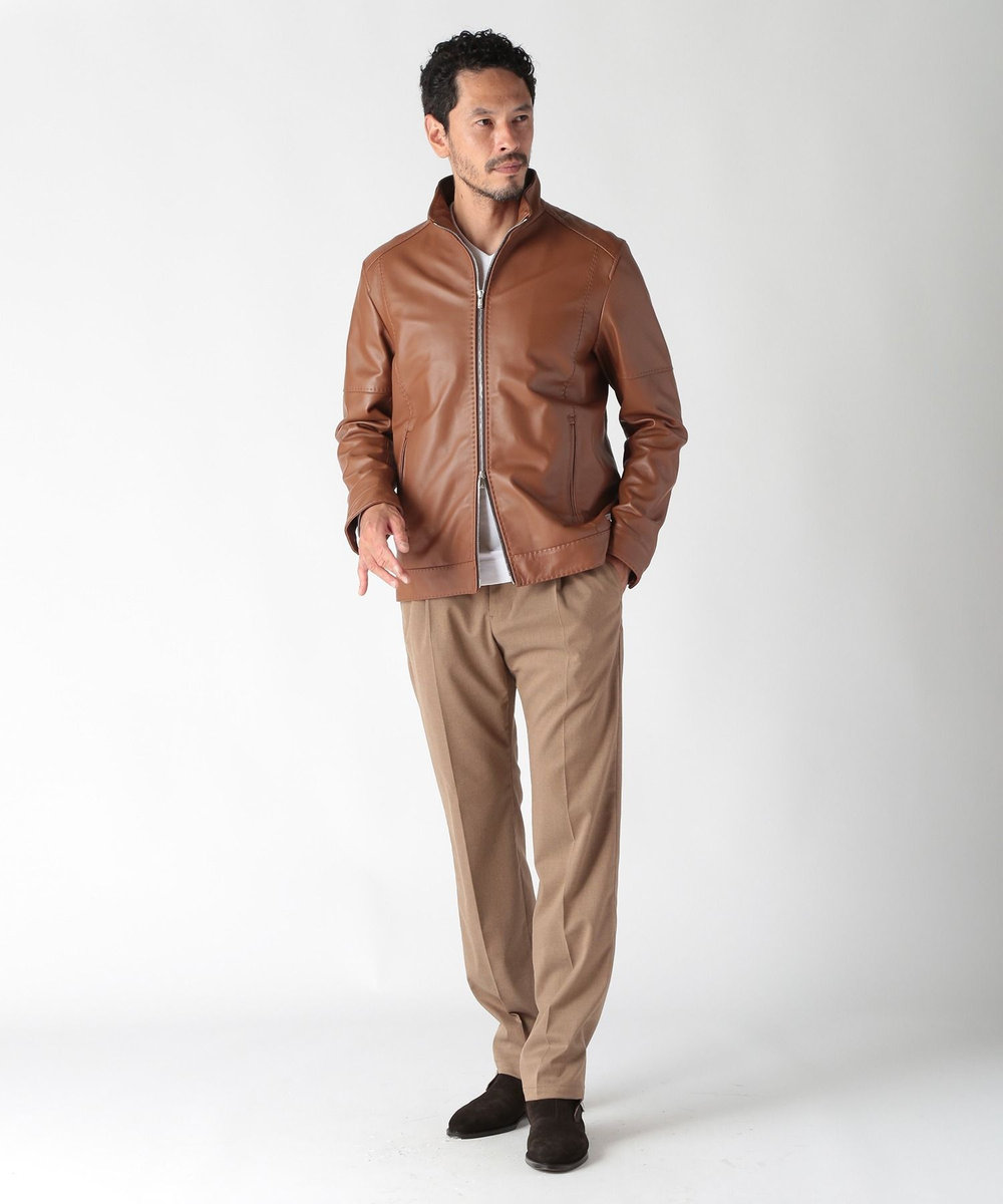 MEN'S BIGI スタンドカラーシングルライダース レザージャケット ブラウン