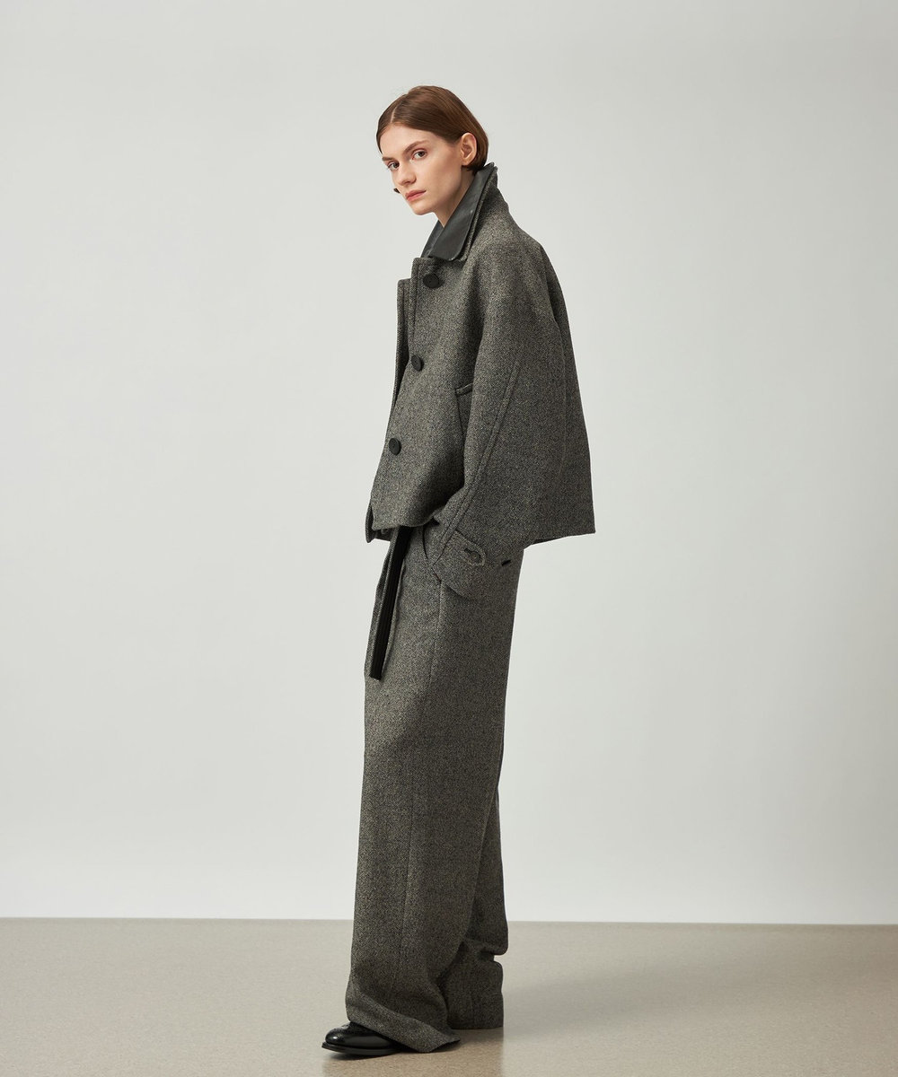 DÉPAREILLÉ WOOL SLUB LEATHER COLLAR BLOUSON / ウールスラブレザーカラーブルゾン グレー