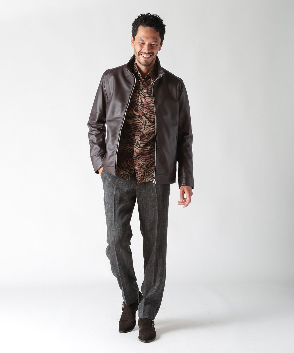 MEN'S BIGI スタンドカラーシングルライダース レザージャケット ボルドー