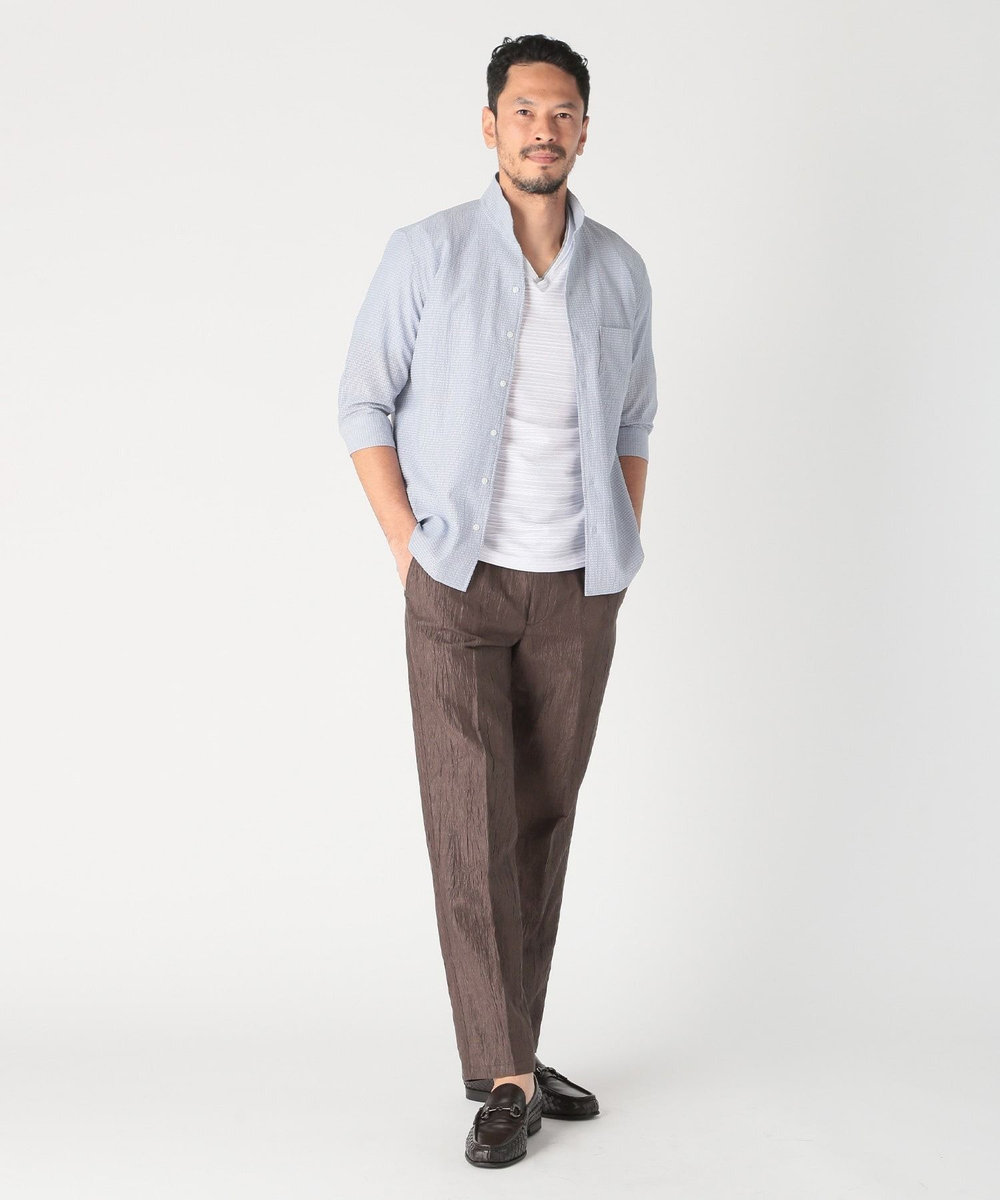 MEN'S BIGI カラミ織風サッカー七分袖スタンドカラーシャツ<ストレッチ/通気性> サックスブルー