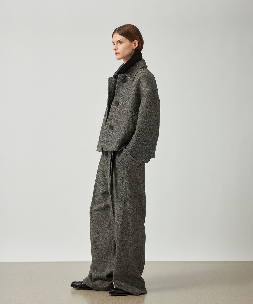 DÉPAREILLÉ WOOL SLUB LEATHER COLLAR BLOUSON / ウールスラブレザーカラーブルゾン グレー