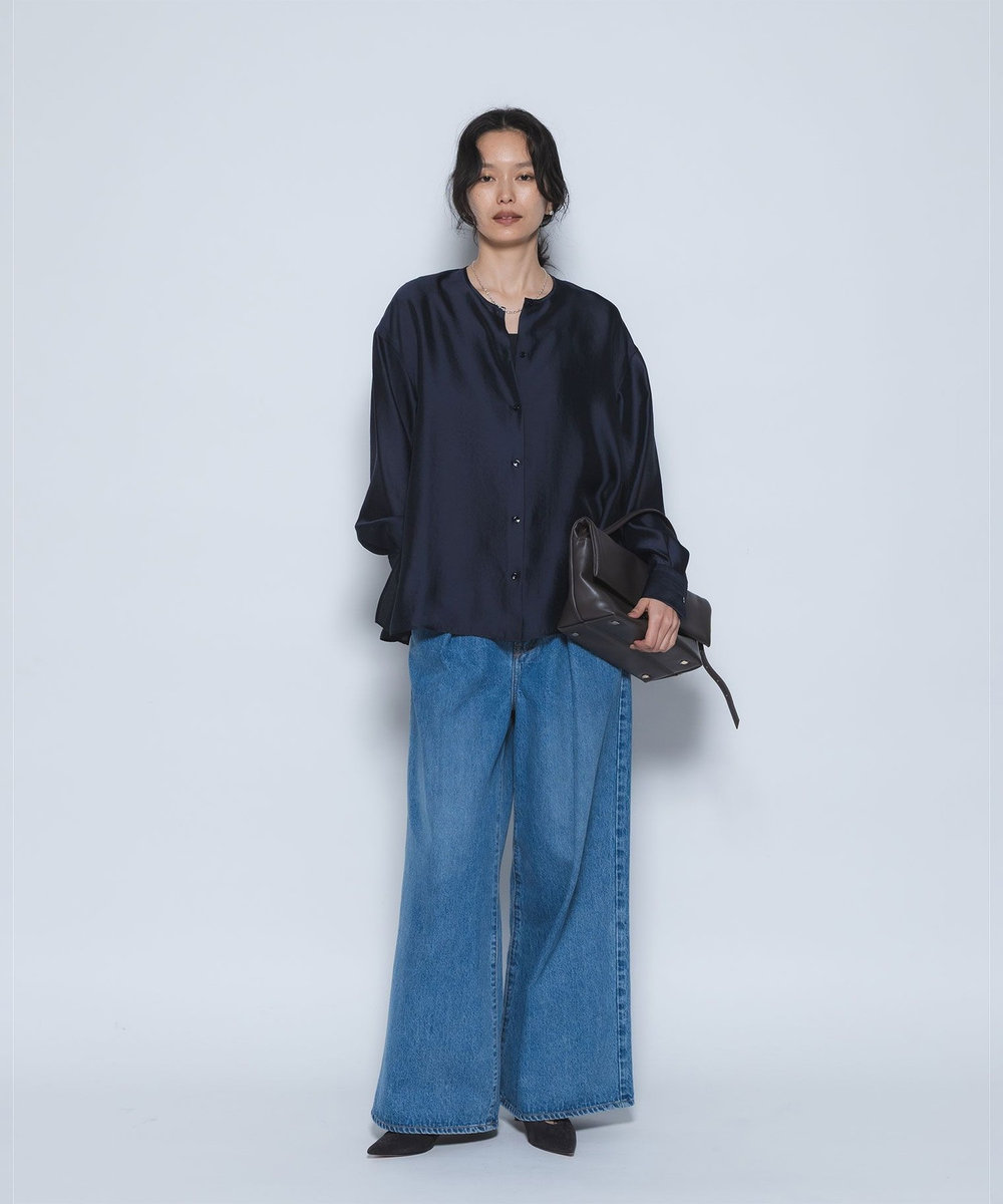 1er Arrondissement シルクライクノーカラーブラウス ネイビー