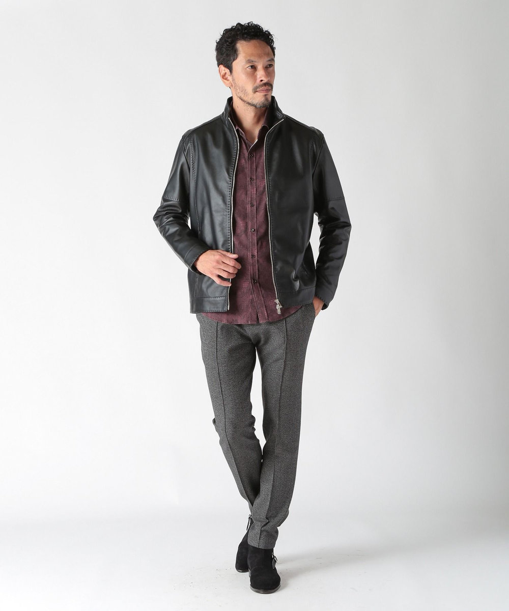 MEN'S BIGI スタンドカラーシングルライダース レザージャケット ブラック