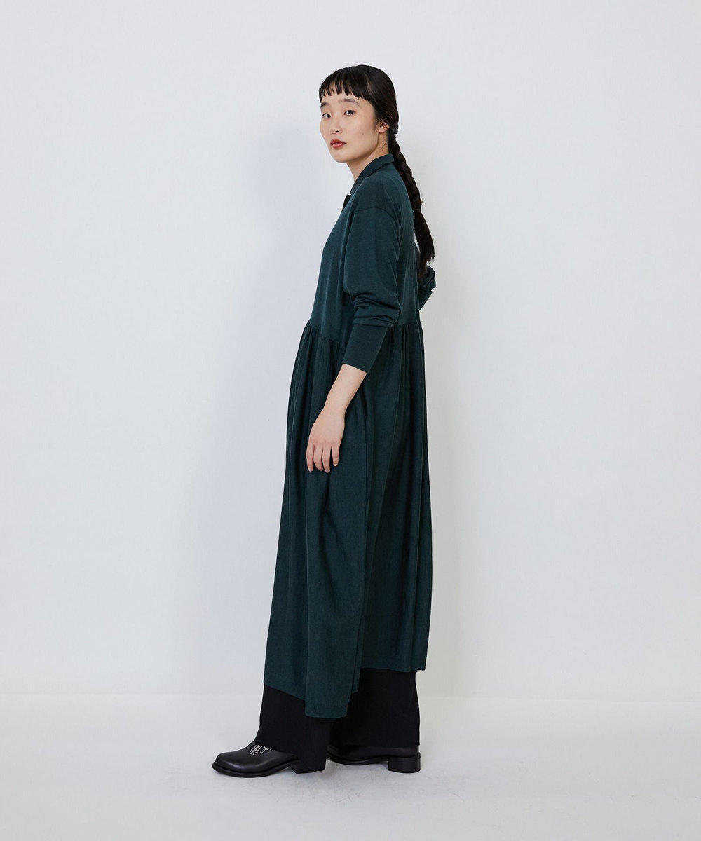 LOISIR ウール梳毛天竺ポロワンピース グリーン