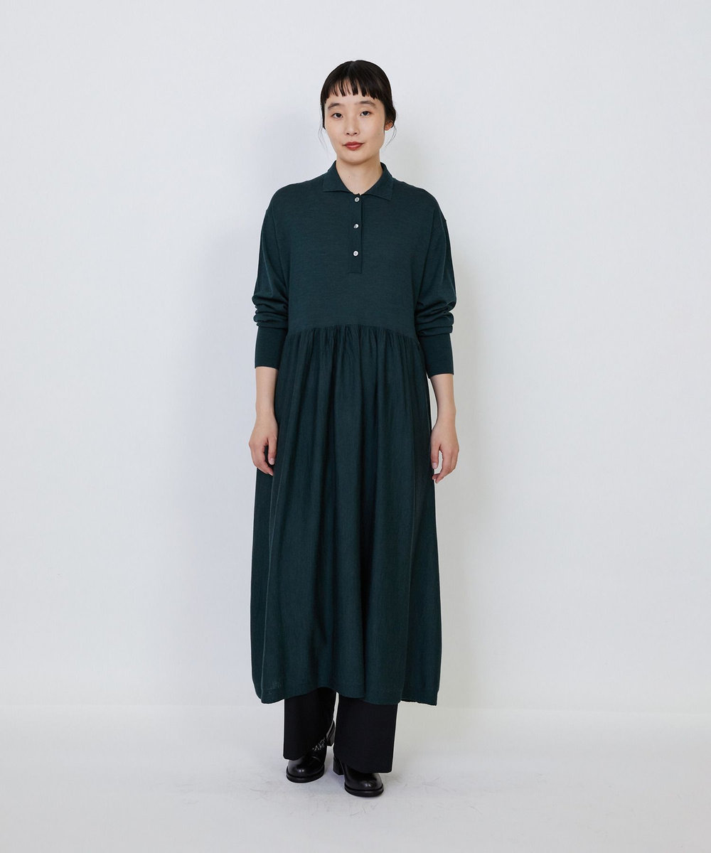 LOISIR ウール梳毛天竺ポロワンピース グリーン