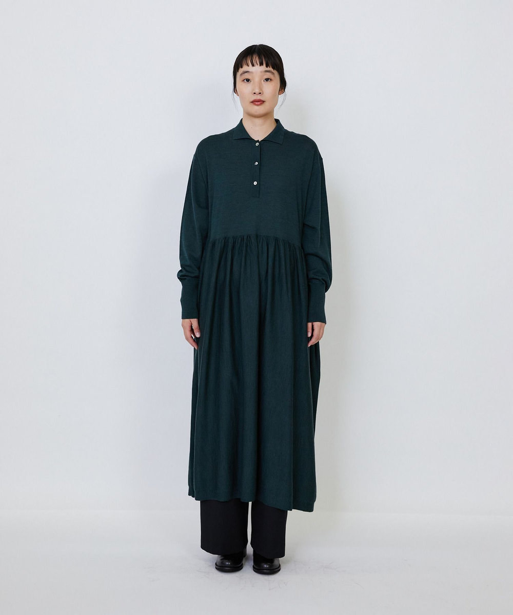 LOISIR ウール梳毛天竺ポロワンピース グリーン